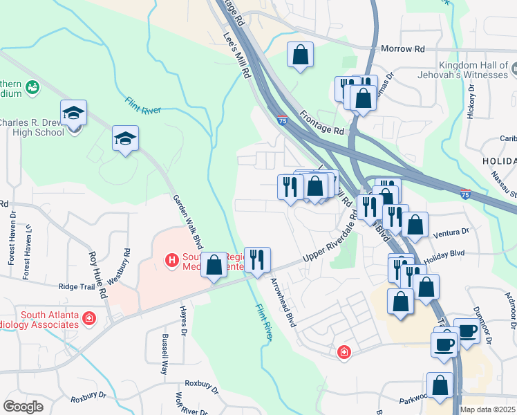 map of restaurants, bars, coffee shops, grocery stores, and more near 275 Upper Riverdale Road in Jonesboro