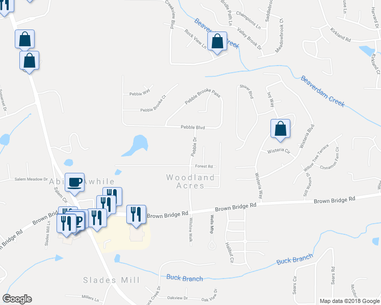 map of restaurants, bars, coffee shops, grocery stores, and more near 45 Pebble Drive in Covington