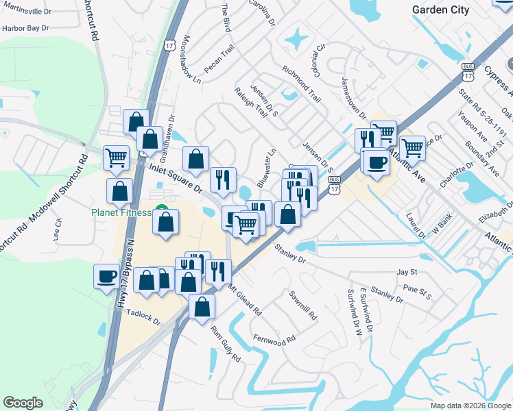 map of restaurants, bars, coffee shops, grocery stores, and more near 3050 U.S. 17 Business in Murrells Inlet