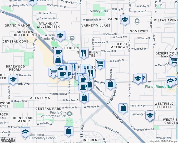 map of restaurants, bars, coffee shops, grocery stores, and more near 8270-8304 W Peoria Ave in Peoria
