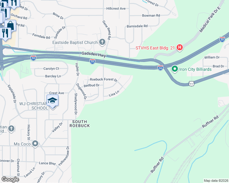 map of restaurants, bars, coffee shops, grocery stores, and more near 613 Lisa Lane in Birmingham
