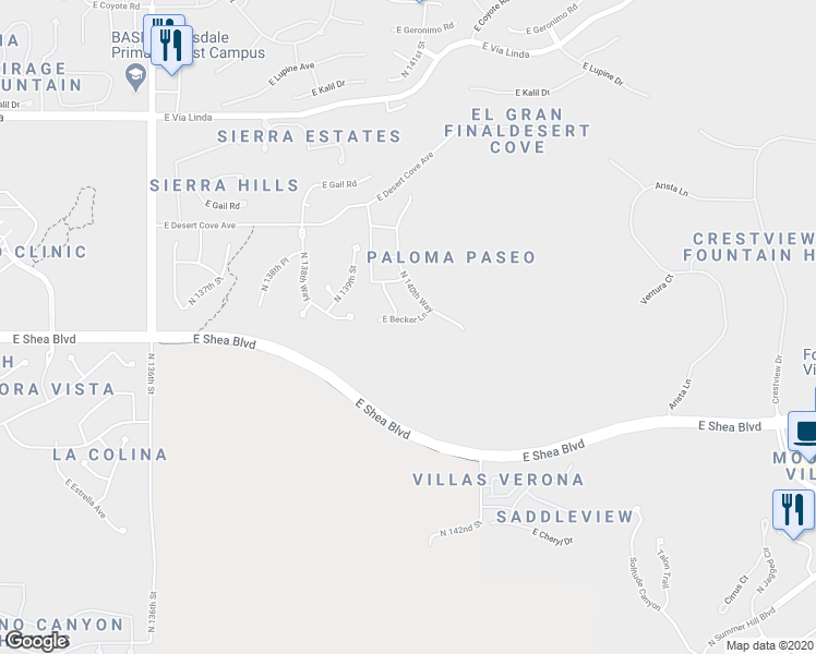 map of restaurants, bars, coffee shops, grocery stores, and more near 14053 East Becker Lane in Scottsdale