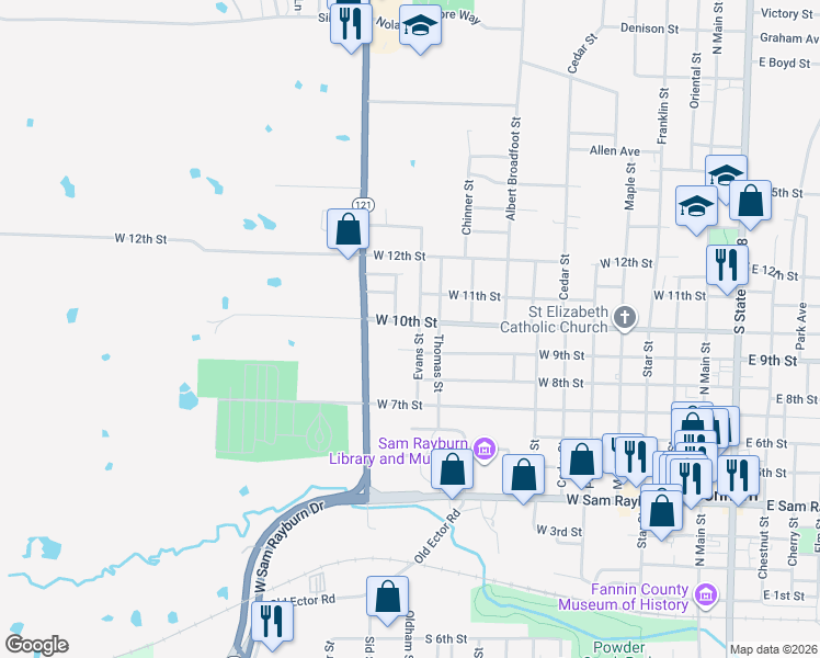 map of restaurants, bars, coffee shops, grocery stores, and more near 1019 Evans Street in Bonham