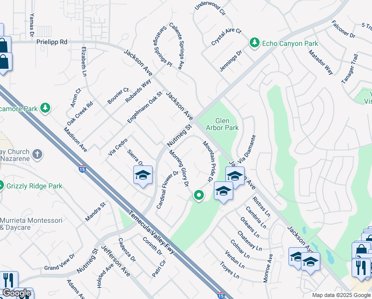 map of restaurants, bars, coffee shops, grocery stores, and more near 23816 Peach Blossom Court in Murrieta