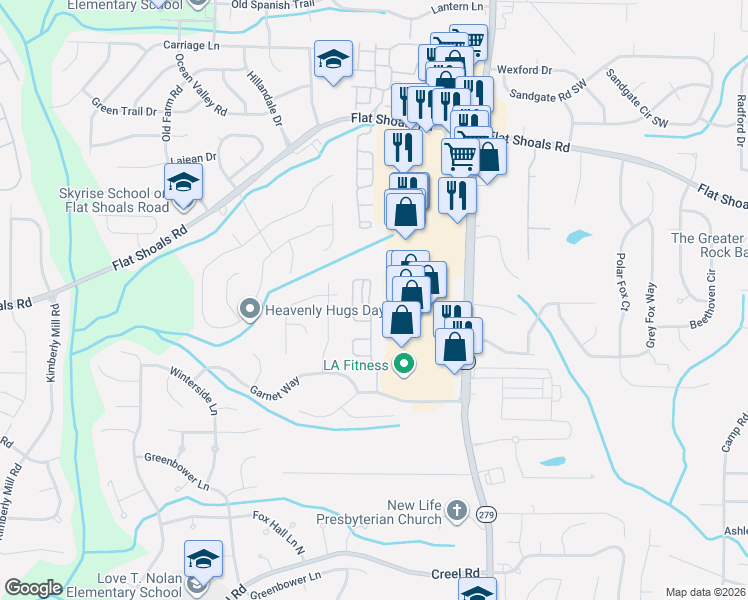 map of restaurants, bars, coffee shops, grocery stores, and more near 6253 Rockaway Road in Atlanta