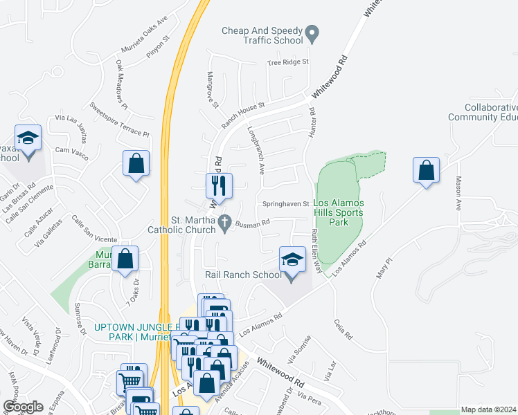 map of restaurants, bars, coffee shops, grocery stores, and more near 27851 Springhaven Street in Murrieta