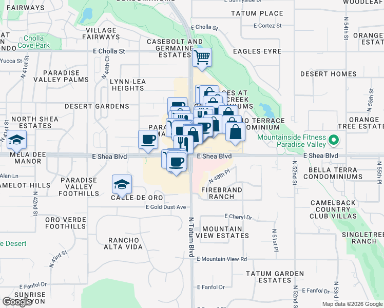 map of restaurants, bars, coffee shops, grocery stores, and more near E Shea Blvd & N Tatum Blvd in Phoenix