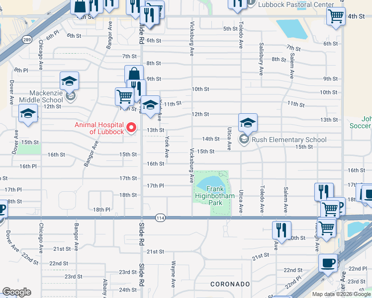 map of restaurants, bars, coffee shops, grocery stores, and more near 4908 14th Street in Lubbock