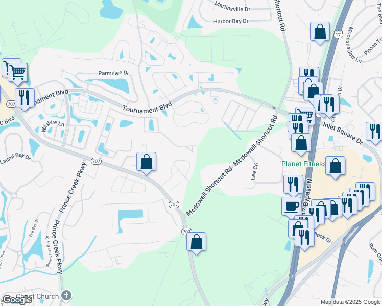 map of restaurants, bars, coffee shops, grocery stores, and more near 791 Painted Bunting Drive in Murrells Inlet
