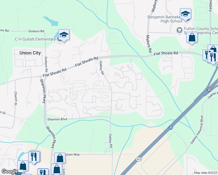 map of restaurants, bars, coffee shops, grocery stores, and more near 5010 Oakley Commons Boulevard in Union City
