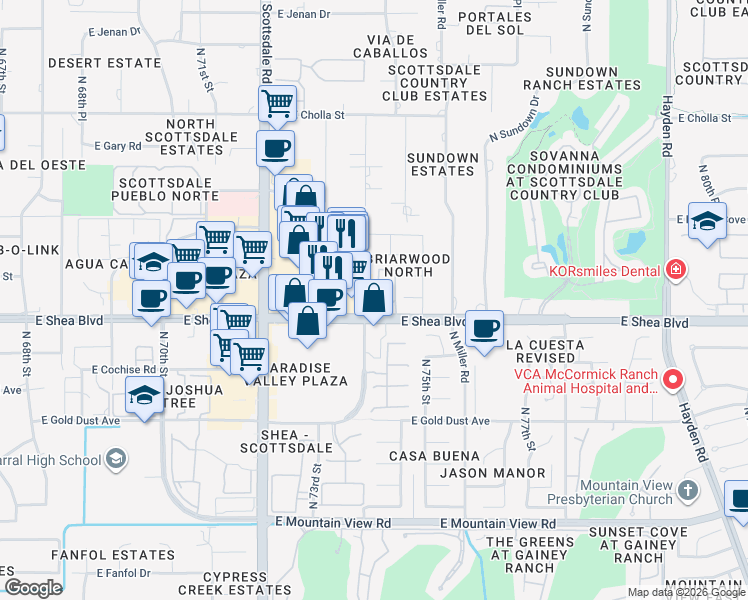 map of restaurants, bars, coffee shops, grocery stores, and more near 10757 North 74th Street in Scottsdale