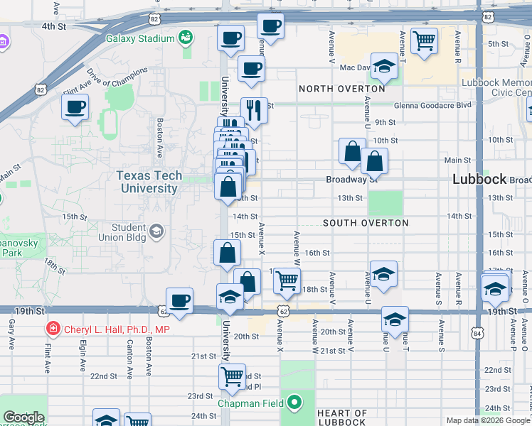 map of restaurants, bars, coffee shops, grocery stores, and more near 2321 13th Street in Lubbock
