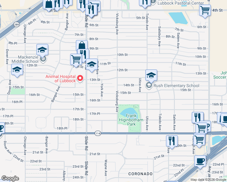 map of restaurants, bars, coffee shops, grocery stores, and more near 4908 14th Street in Lubbock