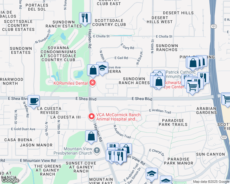 map of restaurants, bars, coffee shops, grocery stores, and more near 8180 East Shea Boulevard in Scottsdale