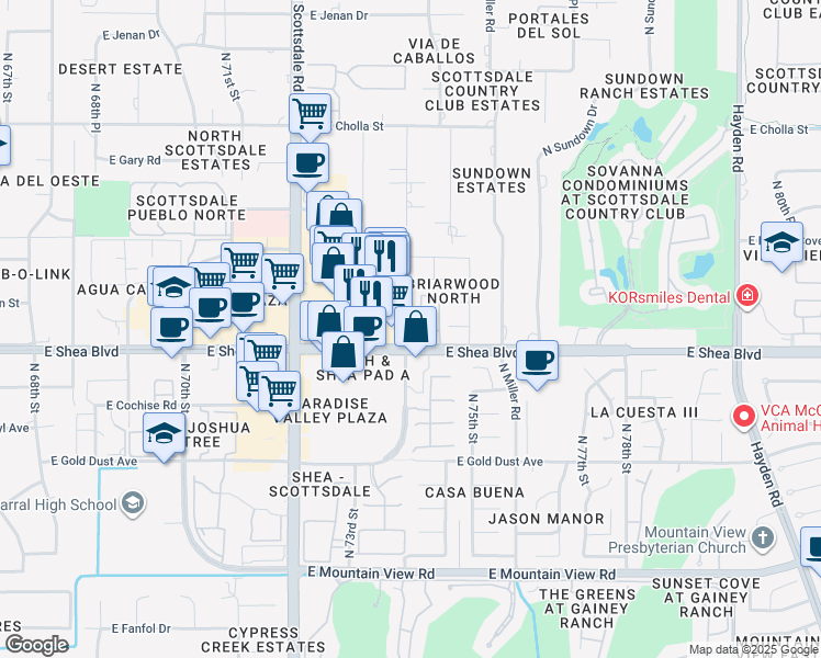 map of restaurants, bars, coffee shops, grocery stores, and more near 10757 North 74th Street in Scottsdale