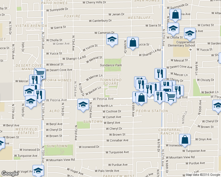 map of restaurants, bars, coffee shops, grocery stores, and more near 7036 Downspell Drive in Peoria