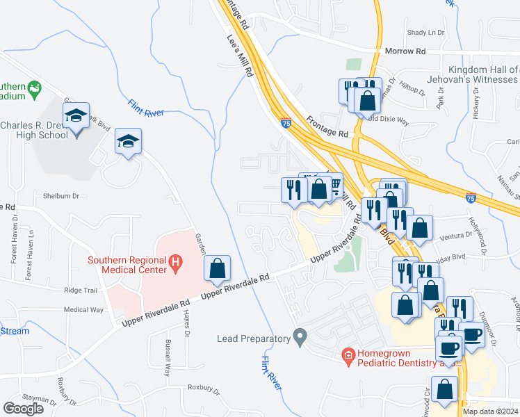 map of restaurants, bars, coffee shops, grocery stores, and more near 275 Upper Riverdale Road in Jonesboro