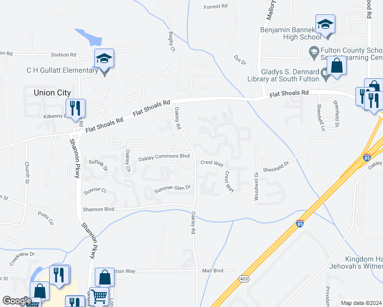 map of restaurants, bars, coffee shops, grocery stores, and more near 6300 Oakley Road in Union City