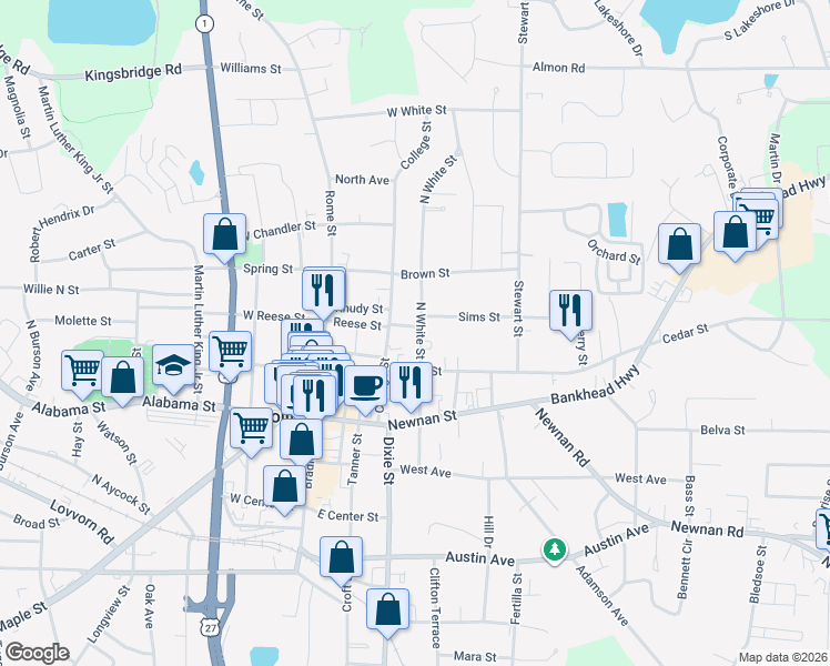 map of restaurants, bars, coffee shops, grocery stores, and more near 408 North White Street in Carrollton