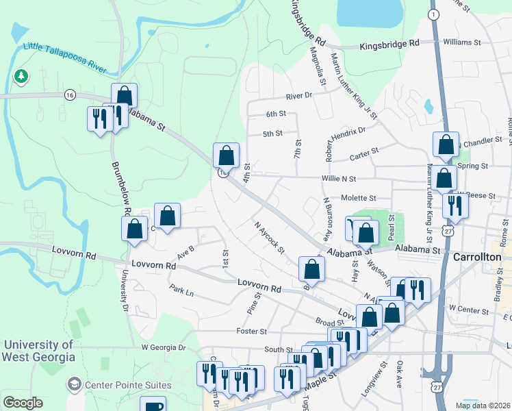 map of restaurants, bars, coffee shops, grocery stores, and more near 906 Alabama Street in Carrollton