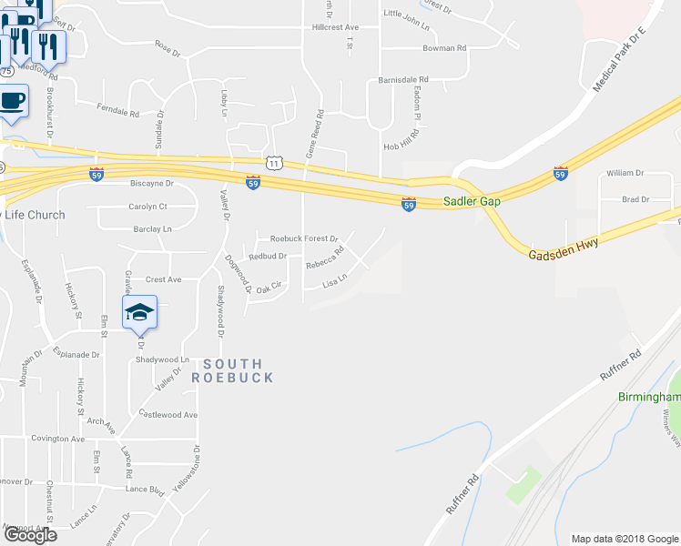 map of restaurants, bars, coffee shops, grocery stores, and more near 640 Roebuck Forest Drive in Birmingham
