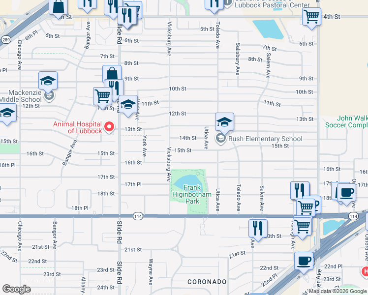 map of restaurants, bars, coffee shops, grocery stores, and more near 4822 14th Street in Lubbock