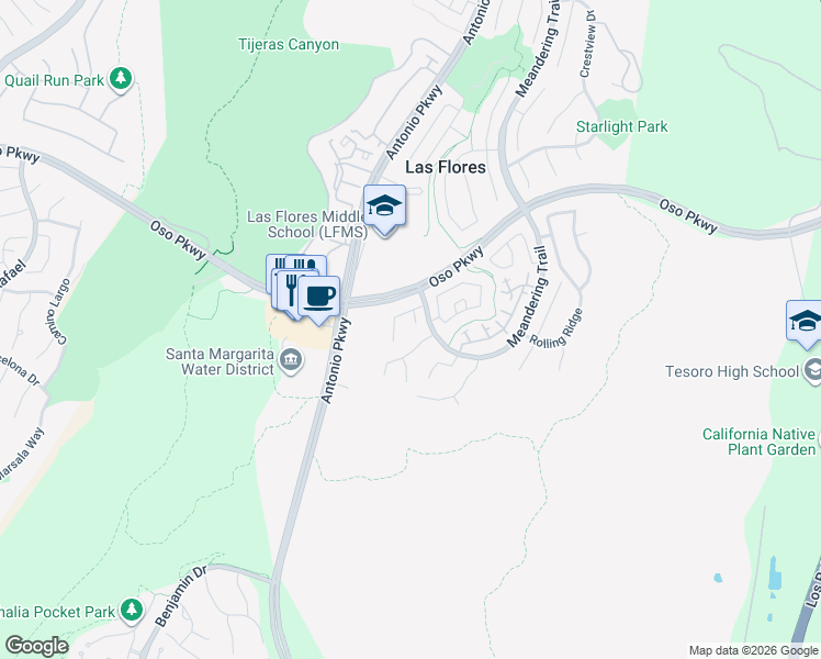 map of restaurants, bars, coffee shops, grocery stores, and more near 10 Acanthus in Rancho Santa Margarita