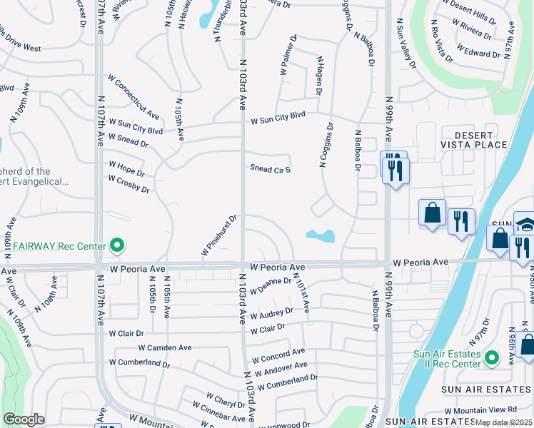 map of restaurants, bars, coffee shops, grocery stores, and more near 10226 West Pinehurst Drive in Sun City