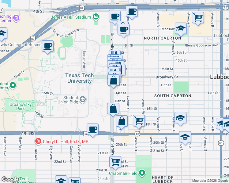 map of restaurants, bars, coffee shops, grocery stores, and more near in Lubbock