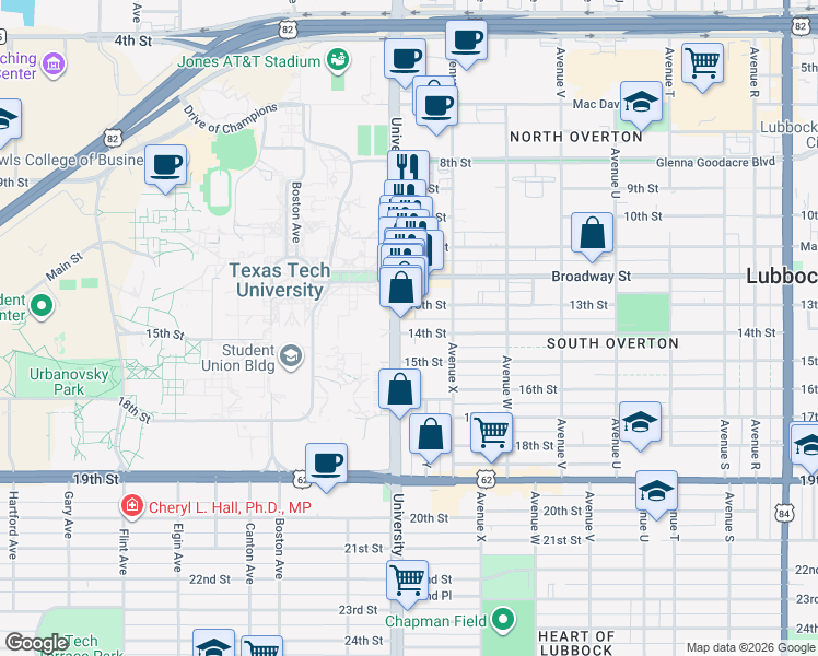 map of restaurants, bars, coffee shops, grocery stores, and more near 2413 13th Street in Lubbock