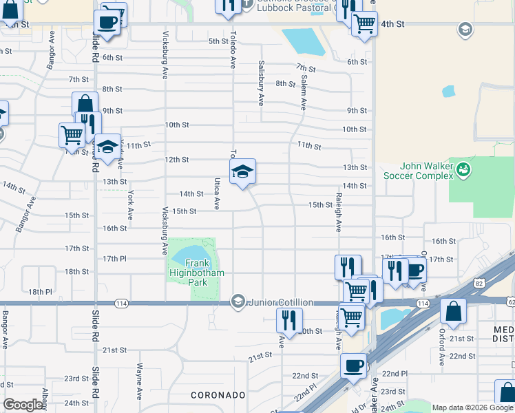 map of restaurants, bars, coffee shops, grocery stores, and more near 1498 Toledo Avenue in Lubbock