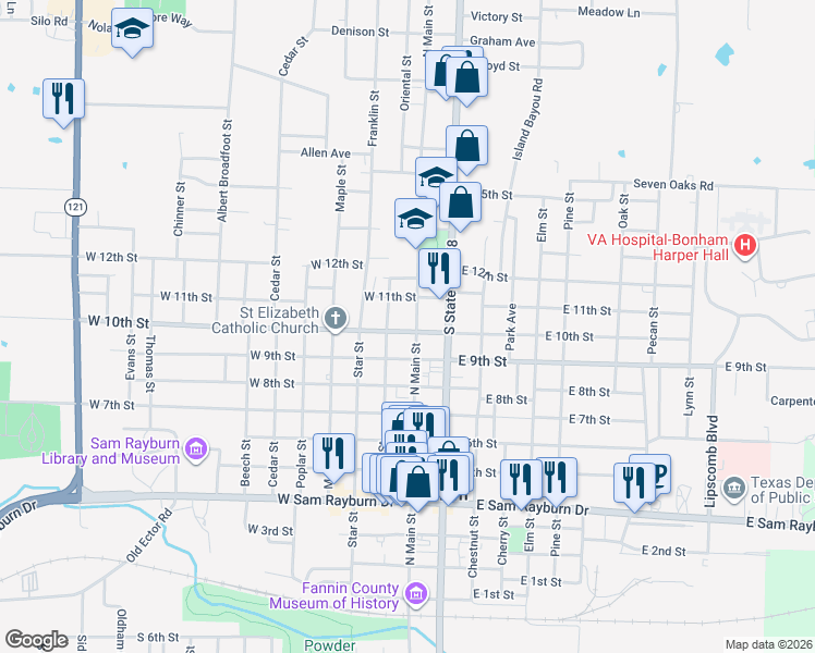 map of restaurants, bars, coffee shops, grocery stores, and more near 1001 North Main Street in Bonham