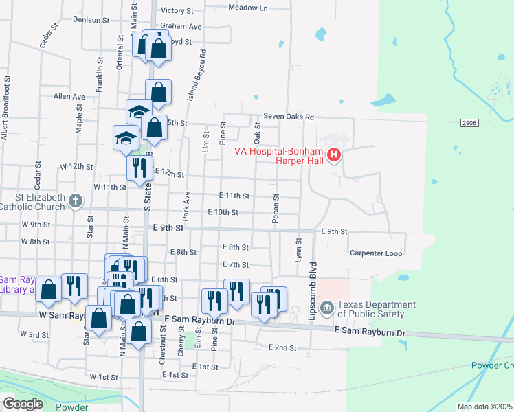 map of restaurants, bars, coffee shops, grocery stores, and more near 1100 Oak Street in Bonham