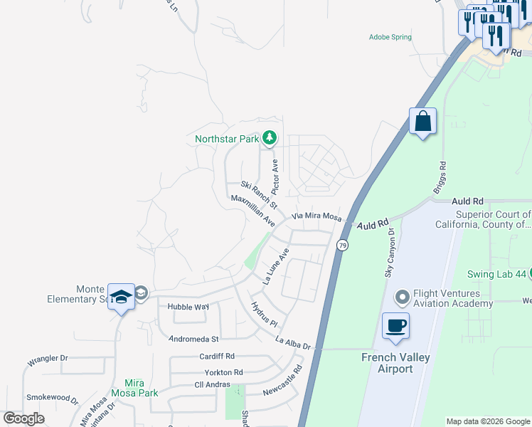 map of restaurants, bars, coffee shops, grocery stores, and more near 29754 Maxmillian Avenue in Murrieta