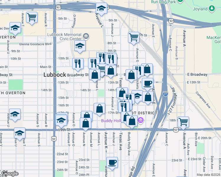 map of restaurants, bars, coffee shops, grocery stores, and more near 1101 13th Street in Lubbock