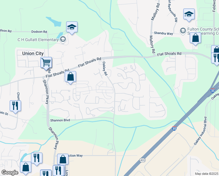 map of restaurants, bars, coffee shops, grocery stores, and more near 5060 Oakley Commons Boulevard in Union City