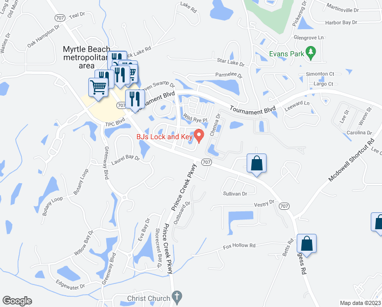 map of restaurants, bars, coffee shops, grocery stores, and more near 128 Wimbledon Way in Murrells Inlet