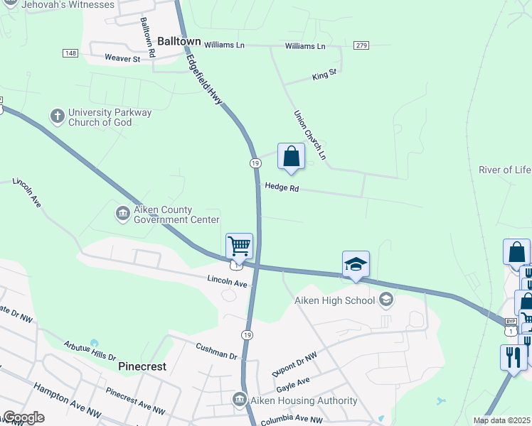 map of restaurants, bars, coffee shops, grocery stores, and more near Laurens Street Northwest in Aiken