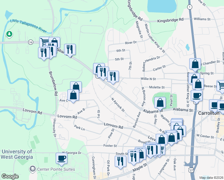 map of restaurants, bars, coffee shops, grocery stores, and more near 906 Alabama Street in Carrollton