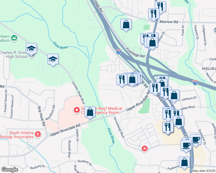 map of restaurants, bars, coffee shops, grocery stores, and more near 275 Upper Riverdale Road in Jonesboro