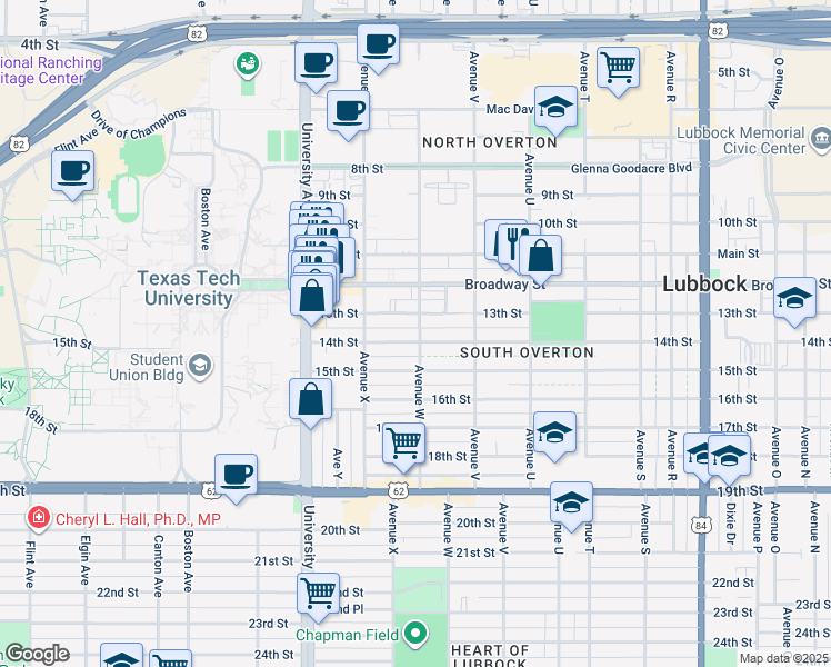 map of restaurants, bars, coffee shops, grocery stores, and more near 2303 13th Street in Lubbock