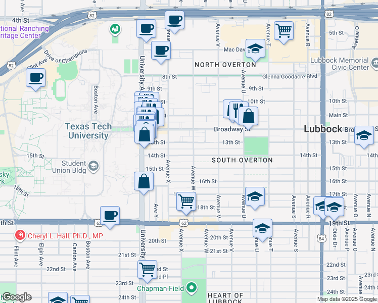 map of restaurants, bars, coffee shops, grocery stores, and more near 2303 13th Street in Lubbock