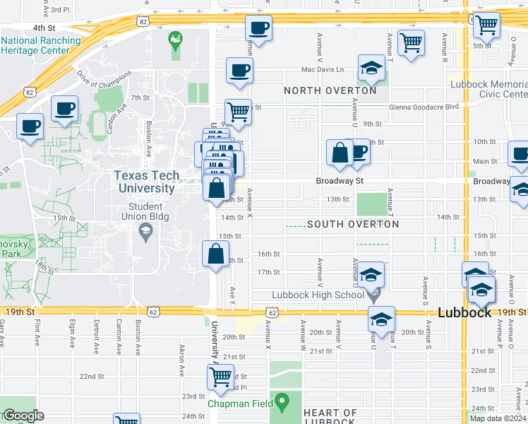 map of restaurants, bars, coffee shops, grocery stores, and more near 2321 13th Street in Lubbock