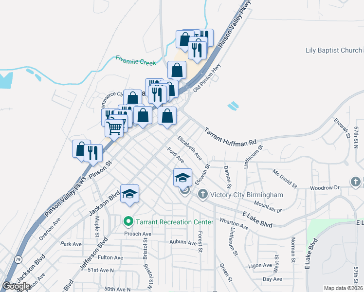 map of restaurants, bars, coffee shops, grocery stores, and more near 1812 Virginia Street in Birmingham