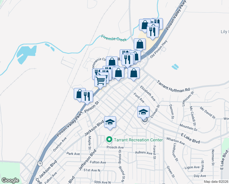 map of restaurants, bars, coffee shops, grocery stores, and more near 1627 Pinson Street in Birmingham