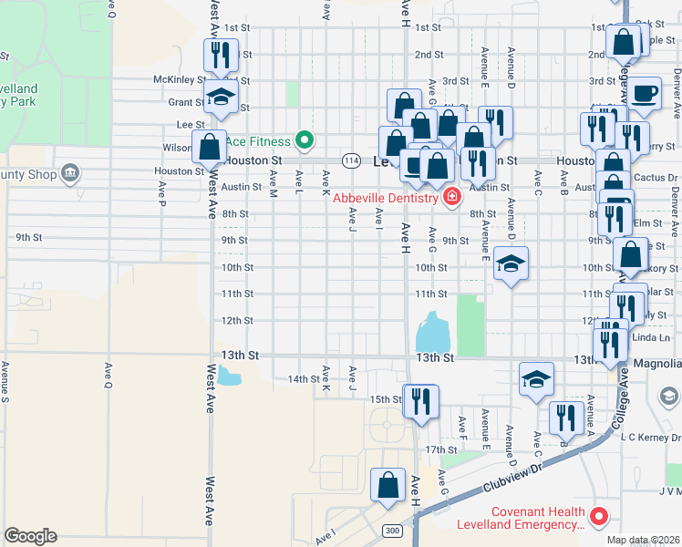 map of restaurants, bars, coffee shops, grocery stores, and more near 1105 10th St in Levelland