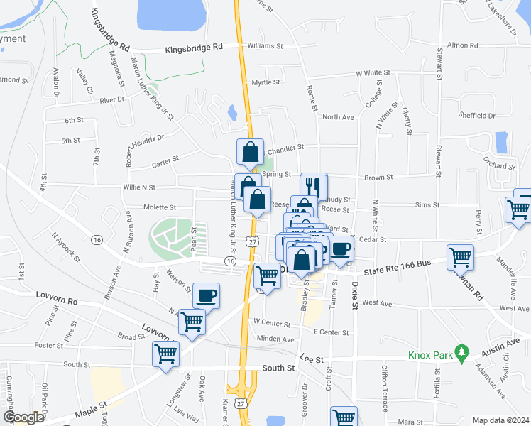 map of restaurants, bars, coffee shops, grocery stores, and more near 308 North Cliff Street in Carrollton