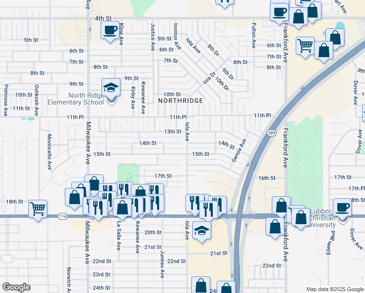 map of restaurants, bars, coffee shops, grocery stores, and more near 6103 14th Street in Lubbock