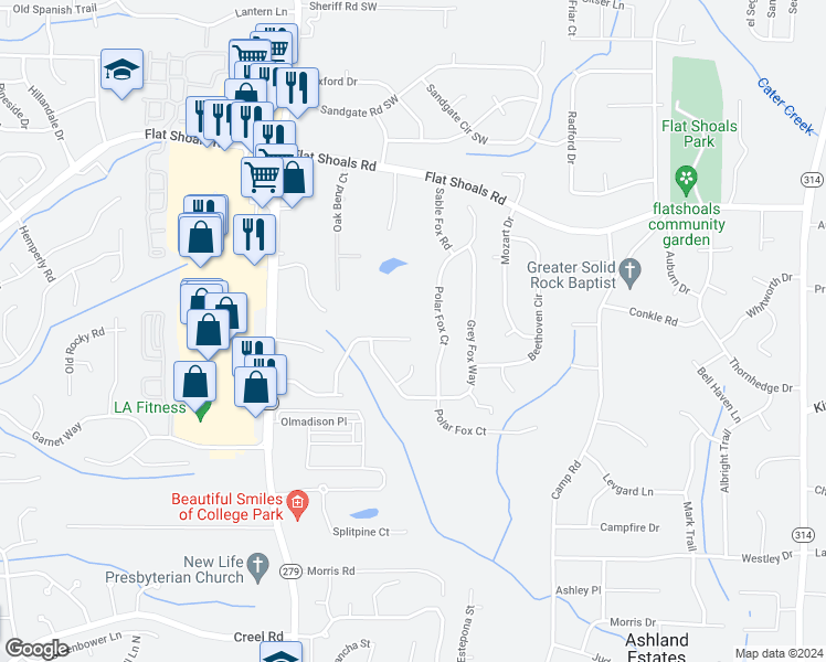 map of restaurants, bars, coffee shops, grocery stores, and more near 2177 Crossrail Drive in College Park