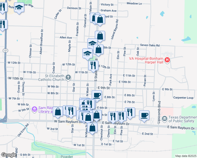 map of restaurants, bars, coffee shops, grocery stores, and more near 201 East 10th Street in Bonham